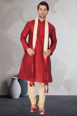 Red art dupion silk mens plain kurta pajama 1
