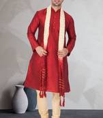 Red art dupion silk mens plain kurta pajama