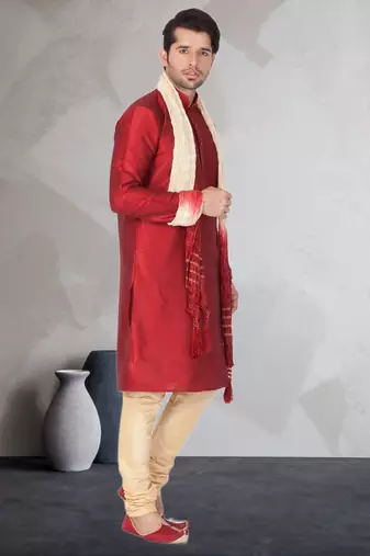 Red art dupion silk mens plain kurta pajama