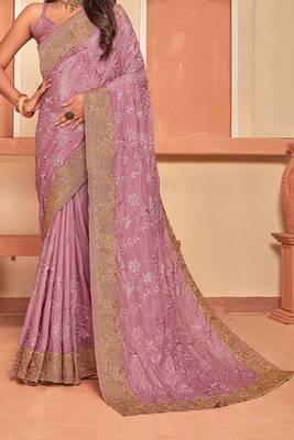 Dusty Pink Zari Embroidered Crepe Silk Party Wear Saree With Blouse Piece 4
