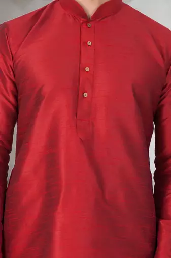 Red art dupion silk mens plain kurta pajama