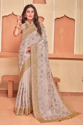 Dusty Beige Zari Embroidered Crepe Silk Party Wear Saree With Blouse Piece 1