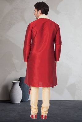 Red art dupion silk mens plain kurta pajama 4