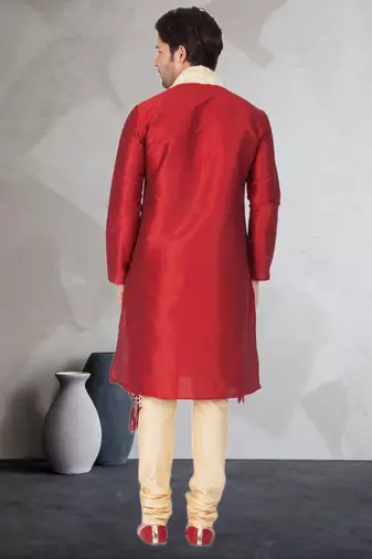 Red art dupion silk mens plain kurta pajama