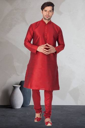 Red art dupion silk mens plain kurta pajama
