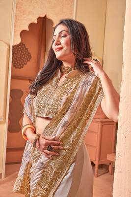 Dusty Beige Zari Embroidered Crepe Silk Party Wear Saree With Blouse Piece 2
