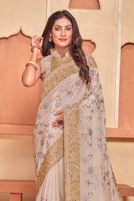 Dusty Beige Zari Embroidered Crepe Silk Party Wear Saree With Blouse Piece 3