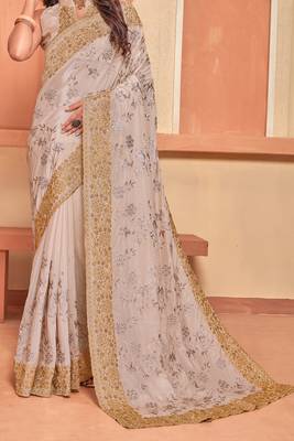 Dusty Beige Zari Embroidered Crepe Silk Party Wear Saree With Blouse Piece 4