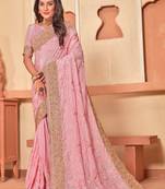 Pink Zari Embroidered Crepe Silk Party Wear Saree With Blouse Piece