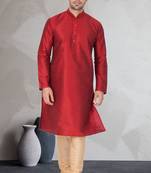 Red art dupion silk mens plain kurta pajama