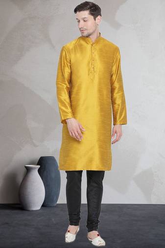 Yellow art dupion silk mens plain kurta pajama