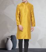 Yellow art dupion silk mens plain kurta pajama