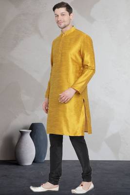 Yellow art dupion silk mens plain kurta pajama 2