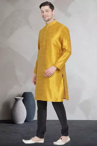 Yellow art dupion silk mens plain kurta pajama