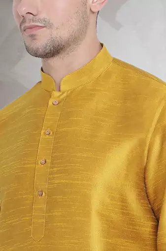 Yellow art dupion silk mens plain kurta pajama