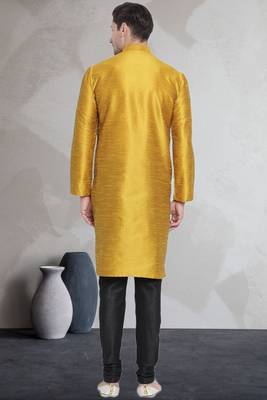 Yellow art dupion silk mens plain kurta pajama 4