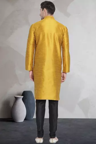 Yellow art dupion silk mens plain kurta pajama