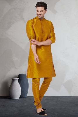 Yellow art dupion silk mens plain kurta pajama 1