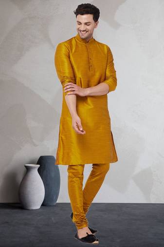 Yellow art dupion silk mens plain kurta pajama