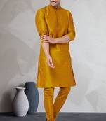 Yellow art dupion silk mens plain kurta pajama