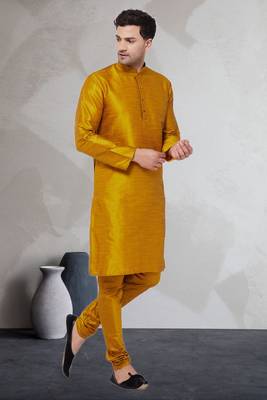 Yellow art dupion silk mens plain kurta pajama 2