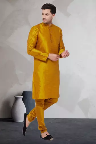 Yellow art dupion silk mens plain kurta pajama
