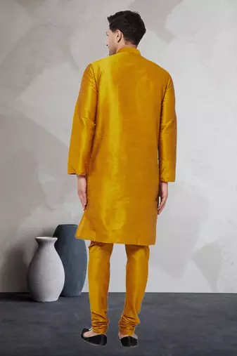 Yellow art dupion silk mens plain kurta pajama