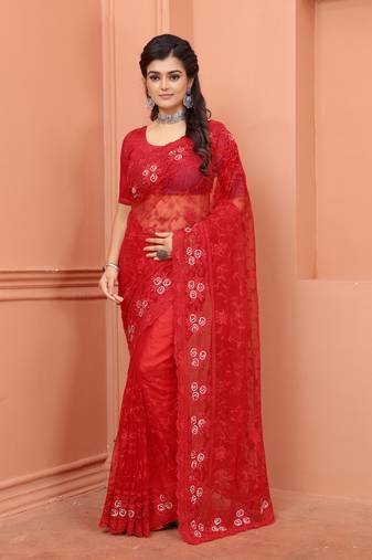 Red Zari Moti Stone Embroidered Party Wear Net Wedding Saree With Blouse Piece