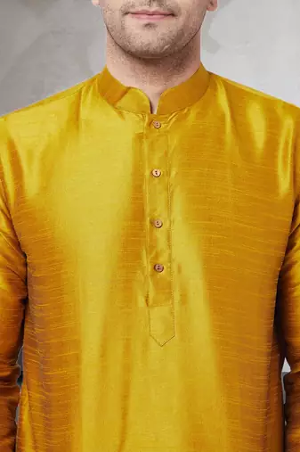 Yellow art dupion silk mens plain kurta pajama