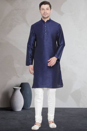 Blue art dupion silk mens plain kurta pajama