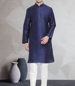 Blue art dupion silk mens plain kurta pajama