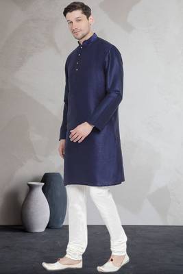 Blue art dupion silk mens plain kurta pajama 2