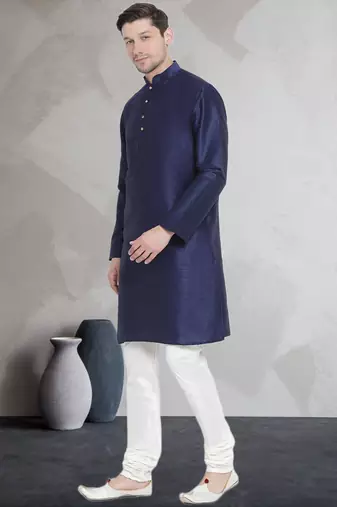 Blue art dupion silk mens plain kurta pajama