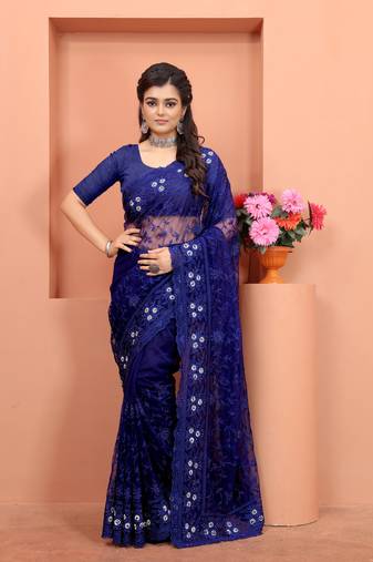 Navy Blue Zari Moti Stone Embroidered Party Wear Net Wedding Saree With Blouse Piece