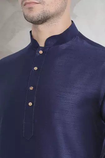 Blue art dupion silk mens plain kurta pajama