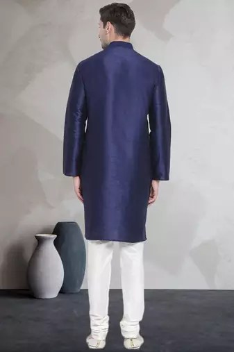 Blue art dupion silk mens plain kurta pajama