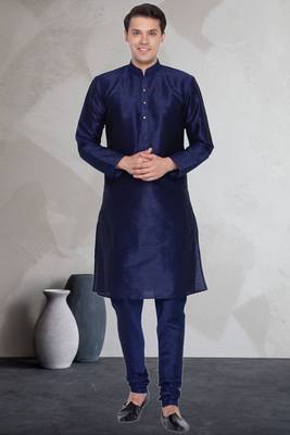 Blue art dupion silk mens plain kurta pajama 1