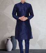 Blue art dupion silk mens plain kurta pajama