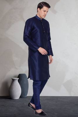 Blue art dupion silk mens plain kurta pajama 2