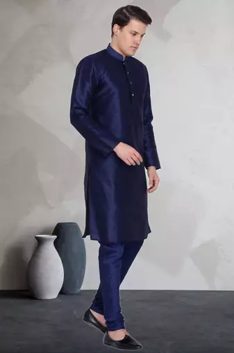 Blue art dupion silk mens plain kurta pajama