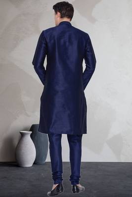 Blue art dupion silk mens plain kurta pajama 4
