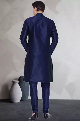 Blue art dupion silk mens plain kurta pajama