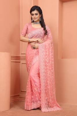 Peach Zari Moti Stone Embroidered Party Wear Net Wedding Saree With Blouse Piece 1