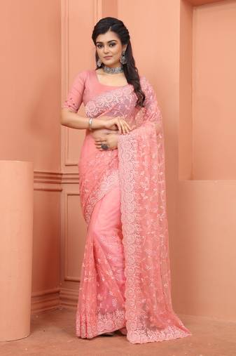 Peach Zari Moti Stone Embroidered Party Wear Net Wedding Saree With Blouse Piece