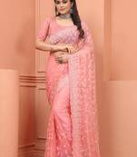 Peach Zari Moti Stone Embroidered Party Wear Net Wedding Saree With Blouse Piece