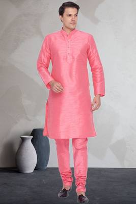 Pink art dupion silk mens plain kurta pajama 1