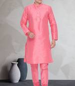 Pink art dupion silk mens plain kurta pajama