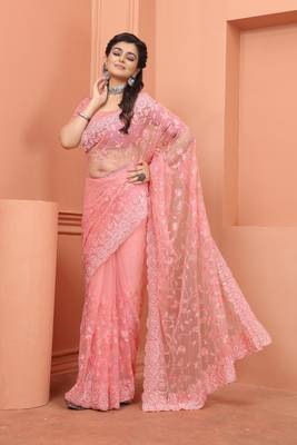 Peach Zari Moti Stone Embroidered Party Wear Net Wedding Saree With Blouse Piece 3