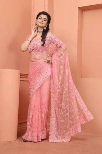 Peach Zari Moti Stone Embroidered Party Wear Net Wedding Saree With Blouse Piece