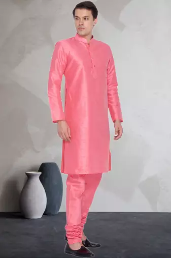 Pink art dupion silk mens plain kurta pajama